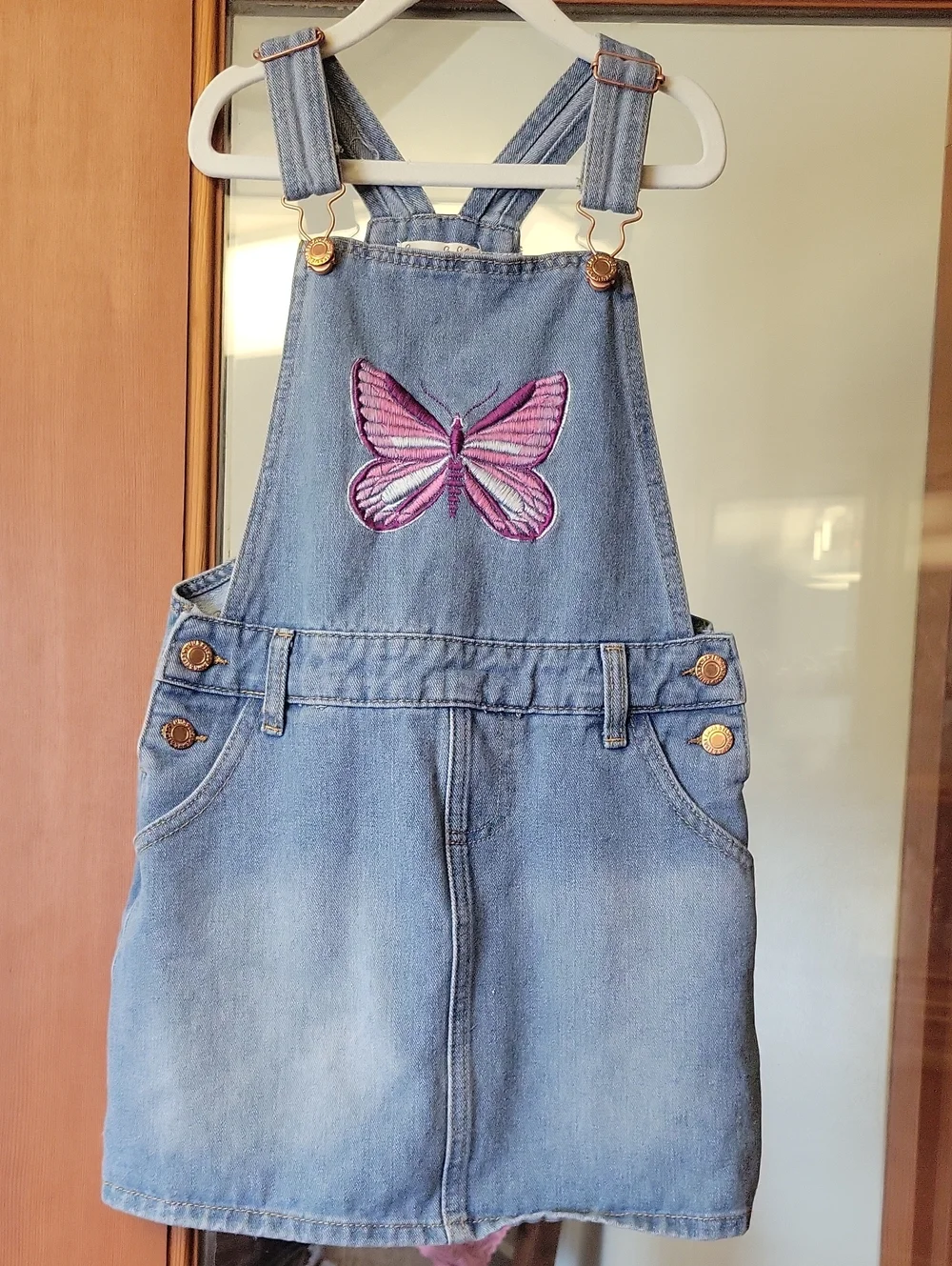 Girls Denim Pinafore Dress with Pink Butterfly Embroidery